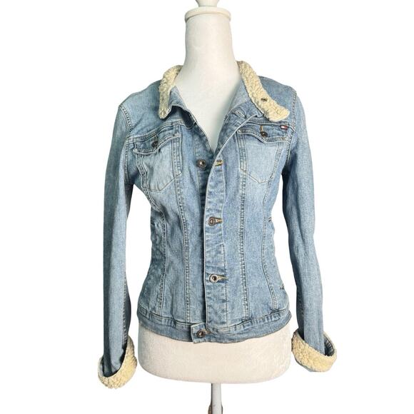 Y2K Tommy Jeans Womens Sherpa Denim Jacket Peace Sign Trucker Vtg Grunge Medium - Picture 1 of 11